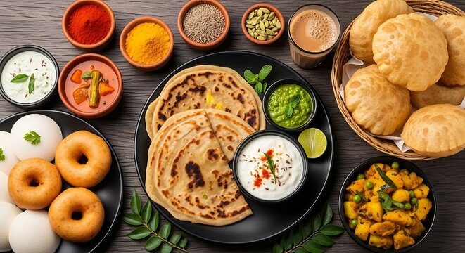 Traditional Indian breakfast spread with paratha, poori, vada, and chutney