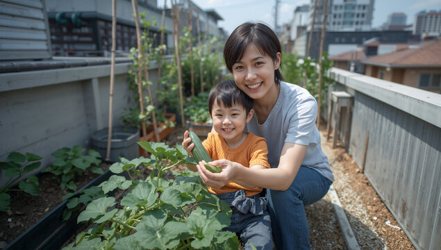 屋上菜園で曲がったきゅうりを見せる親子の夏の収穫写真