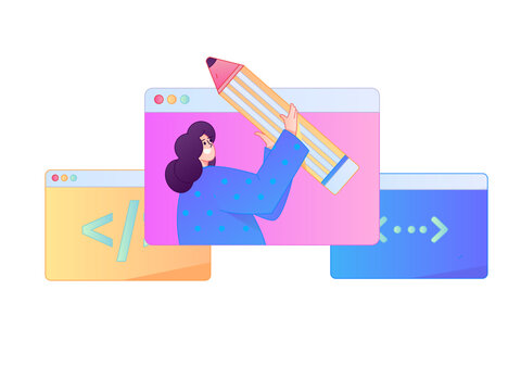 Programming teaching development flat character vector concept operation hand drawn illustration
