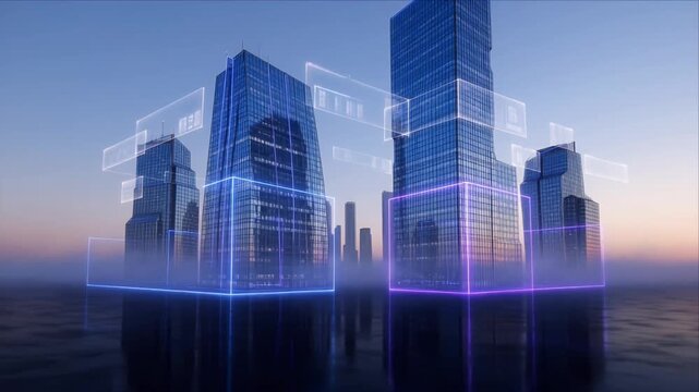 Futuristic city skyline digital architecture with glass skyscraper glowing neon frame virtual interface hologram grid over water and mist at sunrise foggy horizon serene atmosphere
