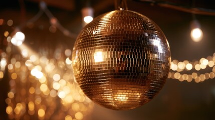 Obraz premium Golden disco ball hanging indoors with bokeh lights
