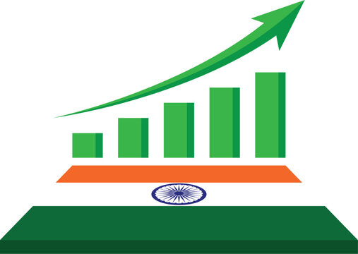 Vector illustration of a green rising bar chart and upward arrow standing on a perspective India flag, representing economic growth, financial success, and market development.