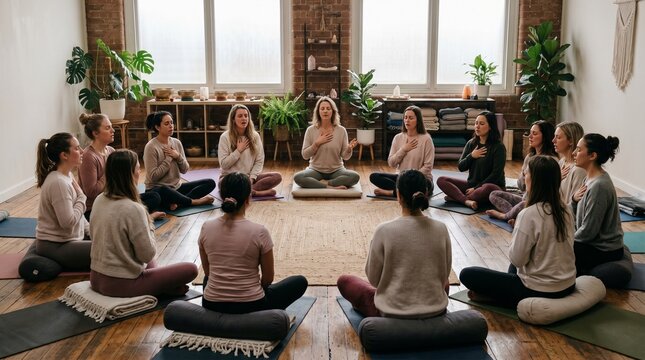 Group of women meditating together in a circle, practicing mindfulness and inner peace