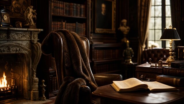 Private library in an ancient manor with a fireplace, a sable stole on a high-backed chair.