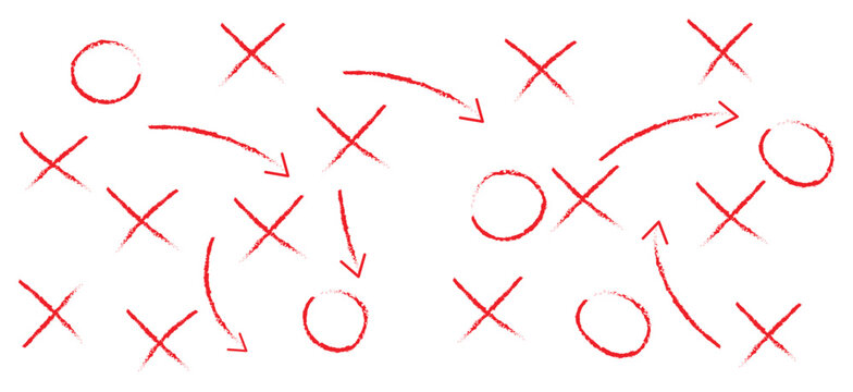 Hand drawn football plays vector illustration featuring soccer game strategy tactics with X and O scheme symbols ...