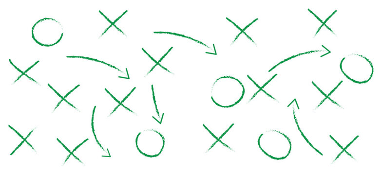 Hand drawn football plays vector illustration featuring soccer game strategy tactics with X and O scheme symbols ...