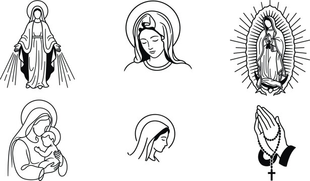 Virgin Mary and Our Lady of Guadalupe Line Art Vector Icon Set with Catholic Religious Symbols and Praying Hands for Christian Graphic Designs
