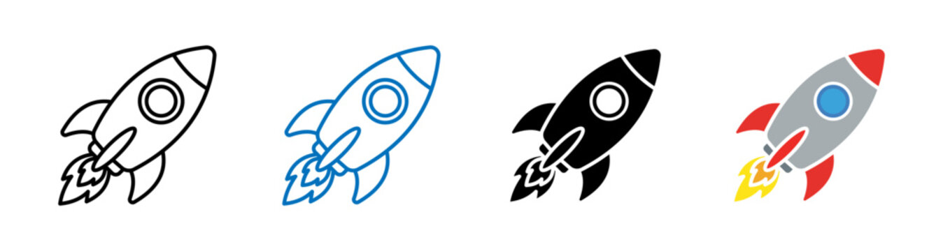 Set of launching rocket icons in color black and outline styles, startup launch and growth vector illustration