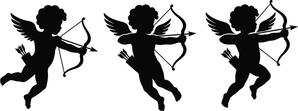 Three cherub silhouette designs with bow and arrow silhouette