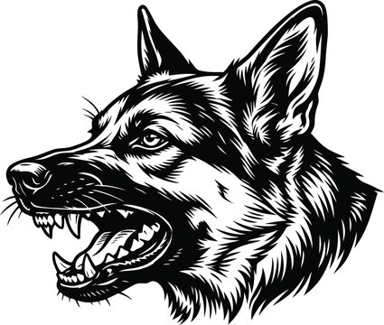 Silhouette of a snarling german shepherd dog head