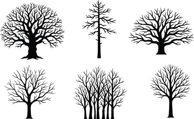 Obraz premium Leafless Tree Silhouette Collection with Bare Branch Woodland Forest Tree Set