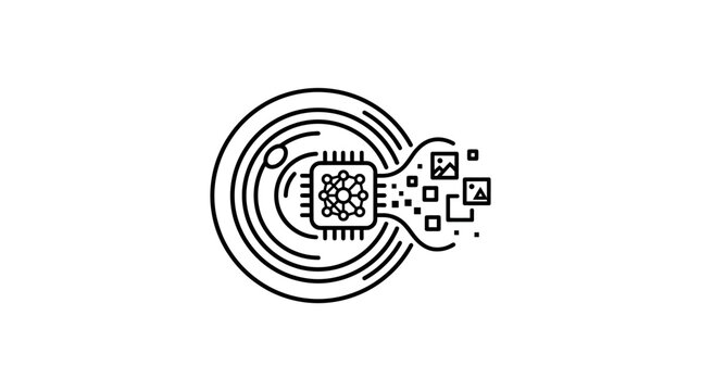 Minimalist line art icon representing artificial intelligence processing data and digital information.