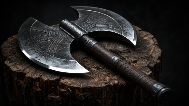A heavy double-bladed axe resting on a wooden chopping block.