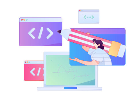 Programming teaching development flat character vector concept operation hand drawn illustration
