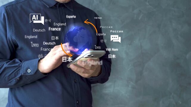 Man using a smartphone with AI translation icons, global languages and digital globe, representing multilingual communication, travel support, online learning and smart technology.