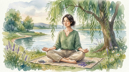 Fototapeta premium Peaceful Watercolor Illustration of Woman Meditating in Nature by Serene Lake Under Willow Tree, Promoting Mindfulness, Mental Health, and Spiritual Wellness.