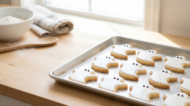Freshly baked ghost shaped sugar cookies on a baking sheet for a fun helloween celebration