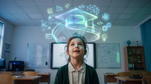 Young girl in classroom looking up at glowing digital education icon