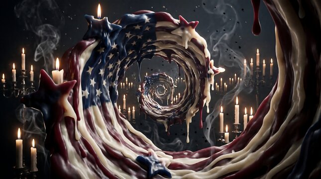 Surreal melting American flag wax spiral with burning candles in dark gothic room