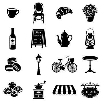 Set of sixteen black and white solid depicting parisian cafe culture with coffee, wine, pastries, bicycle, and street lamp