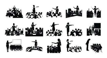 Obraz premium Teacher Classroom Silhouette Collection On White Background academic adult black
