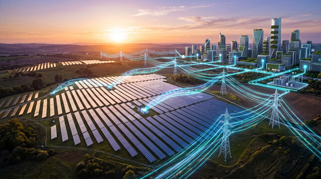 Aerial view solar panel power grid renewable energy city skyline sunrise energy storage electricity network clean power sustainable city