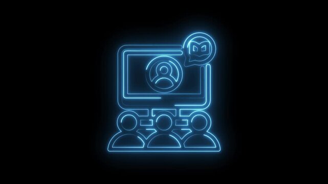 Neon glowing icon of a group of people watching a computer screen with a user profile and speech