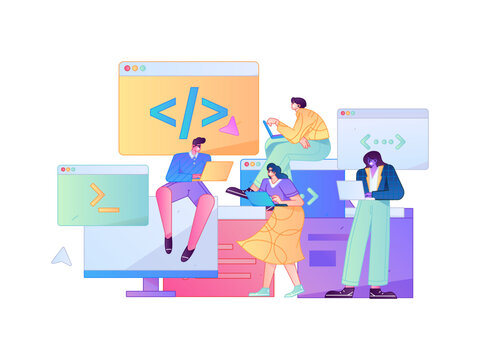 Programming teaching development flat character vector concept operation hand drawn illustration
