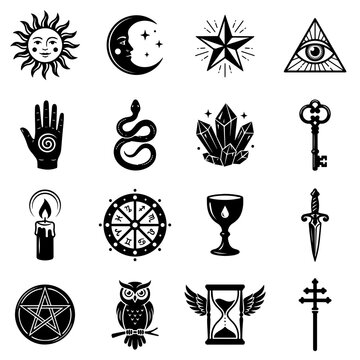 Collection of mystical and occult line symbols including sun, moon, star, all seeing eye, snake, crystals, key, candle, and owl