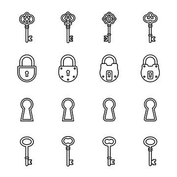 Collection of sixteen line featuring vintage keys, padlocks, and keyholes isolated on a white background, for security concepts