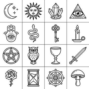 Set of mystical and esoteric line including moon, sun, crystals, all seeing eye, hamsa, snake, key, candle, owl, and rose