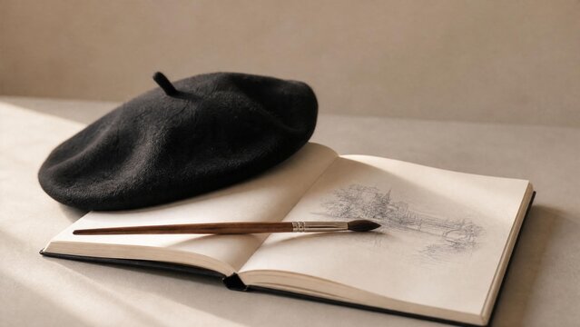 Classic beret and paintbrush resting on an open sketchbook in soft light.