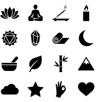 Collection of yoga and mindfulness black including lotus, meditation pose, incense, candle, chakra, crystal, yoga mat, moon, and nature