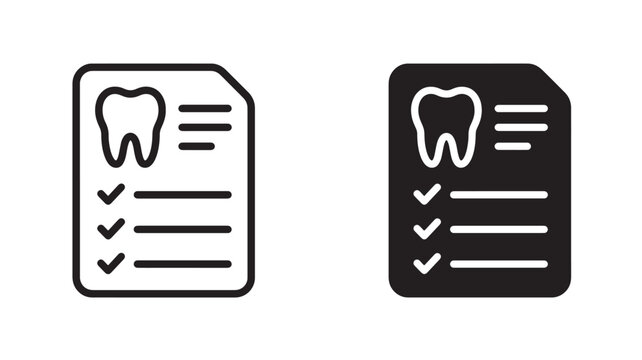 Two vector icons of dental checklists, one in black and one in white, with a tooth and checklist on each