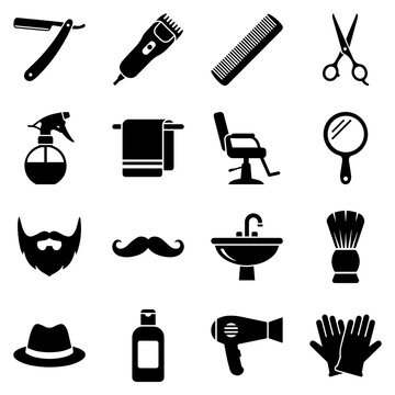 Hair salon and barber shop equipment featuring straight razor, hair clipper, comb, scissors, spray bottle, towel, chair, and mirror