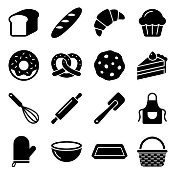 Set of bakery and kitchen featuring bread, pastry, donut, pretzel, whisk, rolling pin, spatula, apron, oven mitt, and mixing bowl