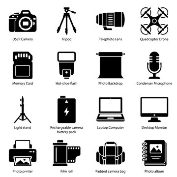 Set of black and videography including camera, tripod, lens, drone, memory card, flash, backdrop, microphone, and computer