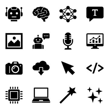 Set of black artificial intelligence and computing including robot, brain, neural network, camera, and code on white
