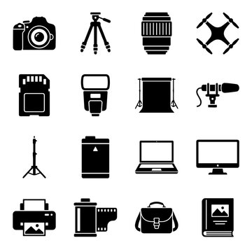 Collection of sixteen black silhouette representing equipment, media devices, and office tools isolated on a white background