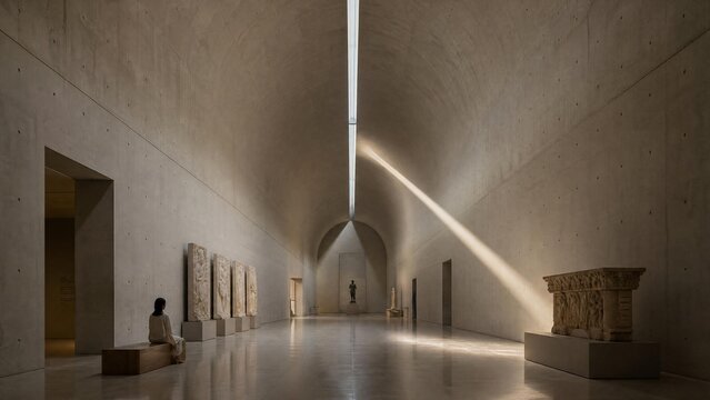 Architectural interior with a long concrete vaulted ceiling and a beam of light.