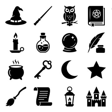 Collection of sixteen black silhouette representing magic, fantasy, witchcraft, and mystical symbols on a white background