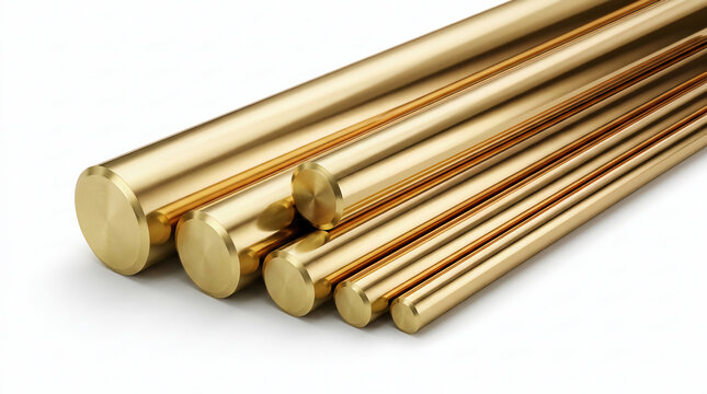 Polished brass rods of various diameters isolated on a white background