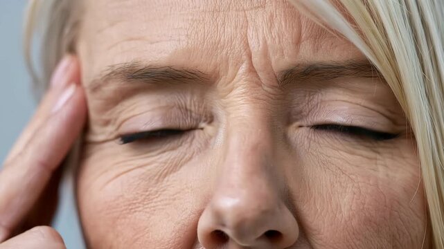 Closeup of mature woman touching facial wrinkles around eye and forehead skin