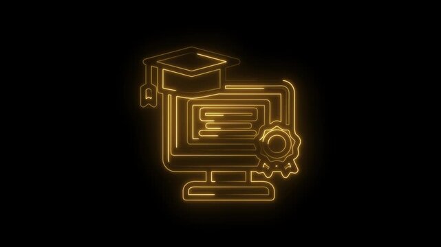 Glowing golden neon outline of a computer monitor displaying a certificate and graduation icon