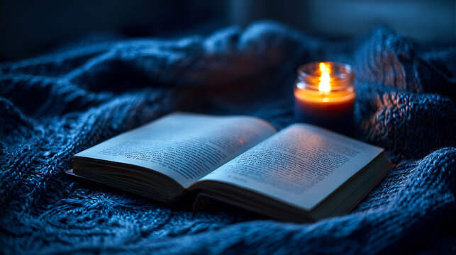Open journal on bed beside candlelight with soft blue blanket in cozy evening atmosphere.Lifestyle blogs, journaling content and personal planning
