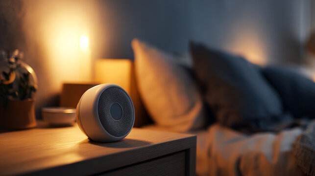 Sleep tracker device on bedside table with warm lamp light and book in cozy bedroom setting. Wellness monitoring, sleep health content and lifestyle improvement