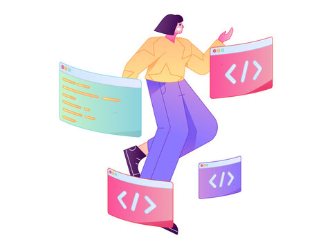 Programming teaching development flat character vector concept operation hand drawn illustration
