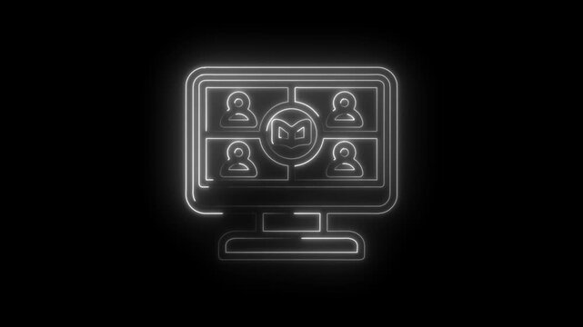 Neon outline of a computer screen displaying a video conference with four participants and a... icon