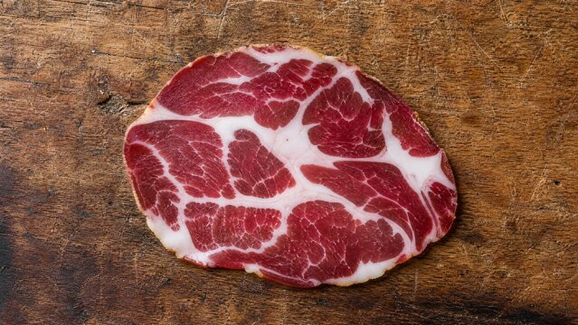 A slice of cured coppa on a wooden cutting board, top-down view.