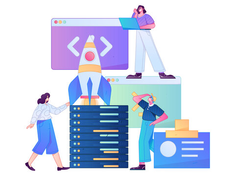 Programming teaching development flat character vector concept operation hand drawn illustration
